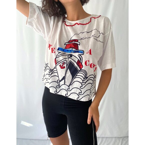 90s vintage novelty nautical sailing sequins cropped cotton tee shirt crop top - Picture 3 of 9